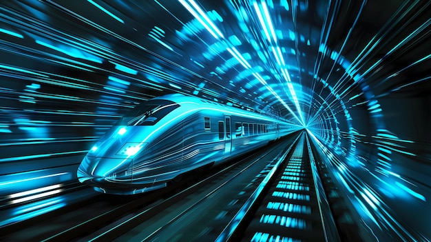 Photo highspeed train speeding through a futuristic tunnel