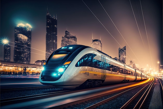 Highspeed train at the station and a blurred city in the background high resolution highquality image travel lighting colorfulness fast travel be on time technology progress AI