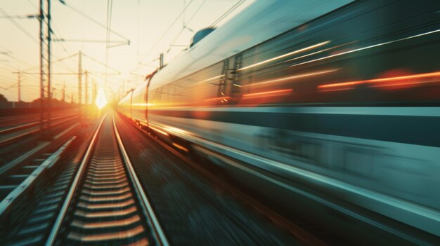 Highspeed train streaking through a sunset landscape conveying a rush of motion