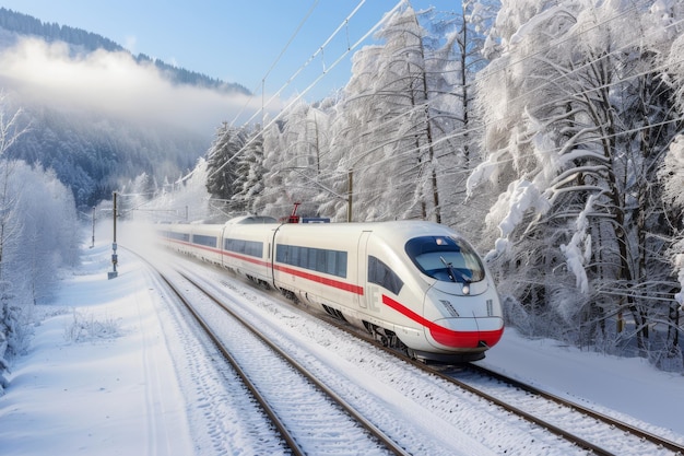 HighSpeed Train Traveling Through Snowy Landscape in Winter Morning