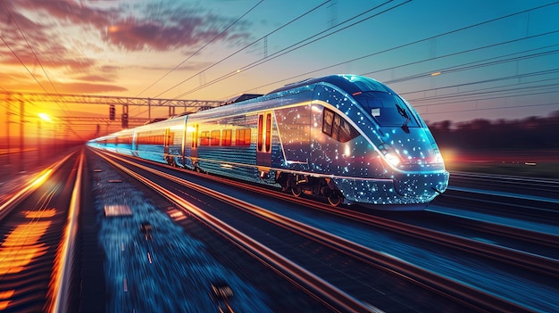 Highspeed train with digital patterns at sunrise