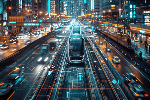 Photo a highspeed train with futuristic technology travels through a bustling city at night