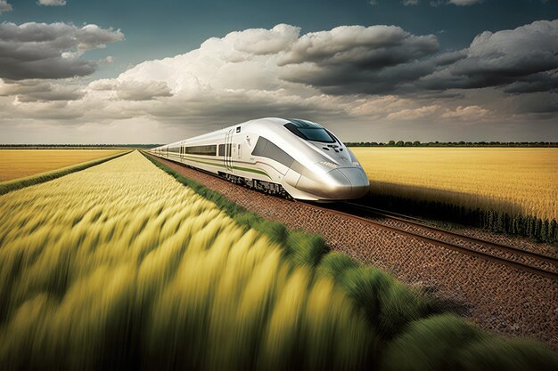 Highspeed train with its sleek design and modern technology speeding past farm fields