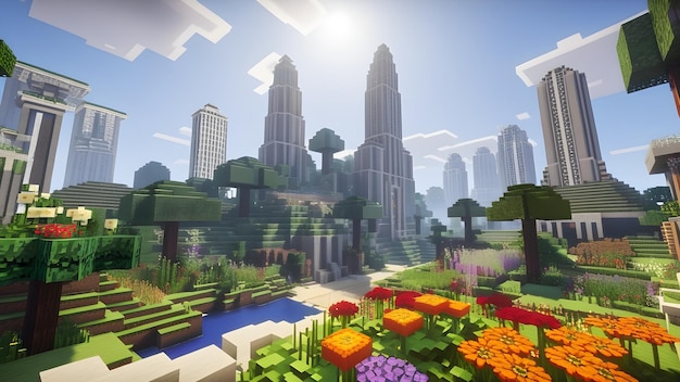 Hight detailed Minecraft a city with lots of plants and flowers in garden Voxel city style game