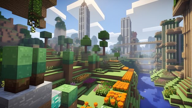 Hight detailed Minecraft a city with lots of plants and flowers in garden Voxel city style