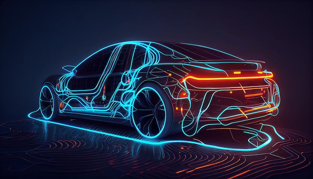 Hightech Augmented reality of wireframe car concept futuristic glowing neon lines Generative AI