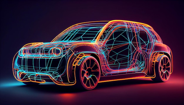 Hightech Augmented reality of wireframe car concept futuristic glowing neon lines Generative AI