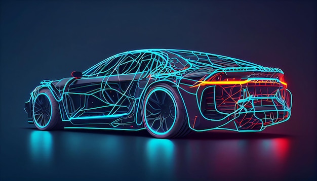 Hightech Augmented reality of wireframe car concept futuristic glowing neon lines Generative AI