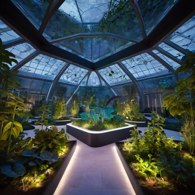 Photo a hightech botanical garden with glowing plants and futuristic design