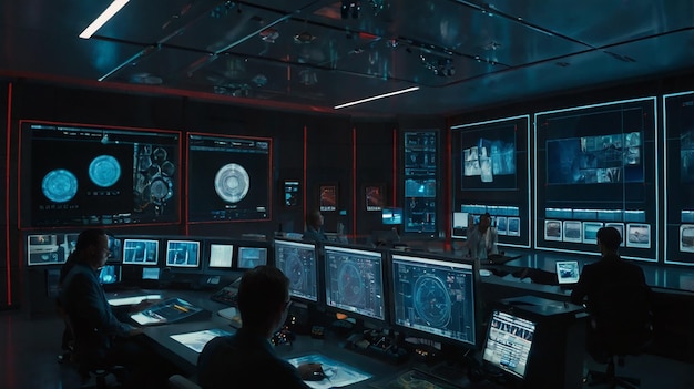 Photo hightech control room multiple screens advanced monitoring system futuristic command center