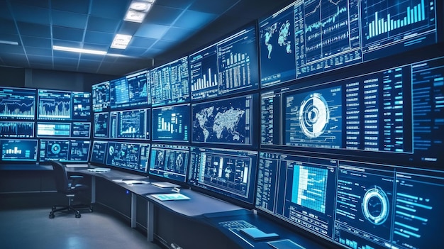 A hightech control room where cybersecurity experts are monitoring and managing business data pro