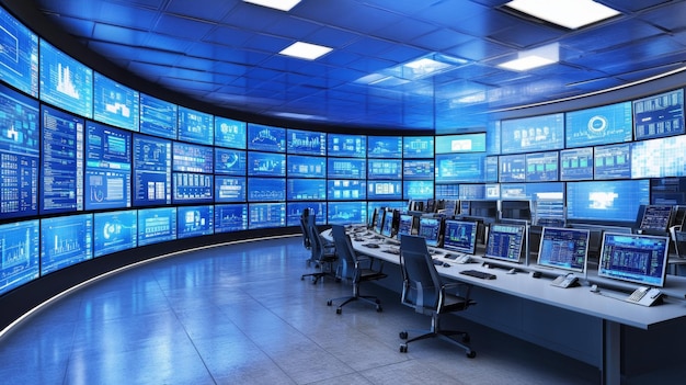 A hightech control room where cybersecurity experts are monitoring and managing business data pro