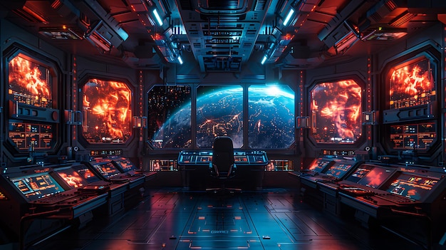 Hightech control room with holographic displays showing strategic plans and interstellar maps futuristic technology