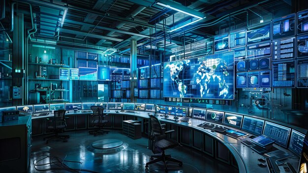 Hightech control room with multiple computer monitors and data displays Concept of cybersecurity data management technology monitoring systems