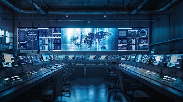 Hightech control room with multiple screens displaying data and maps Concept of technology data analysis control center cybersecurity