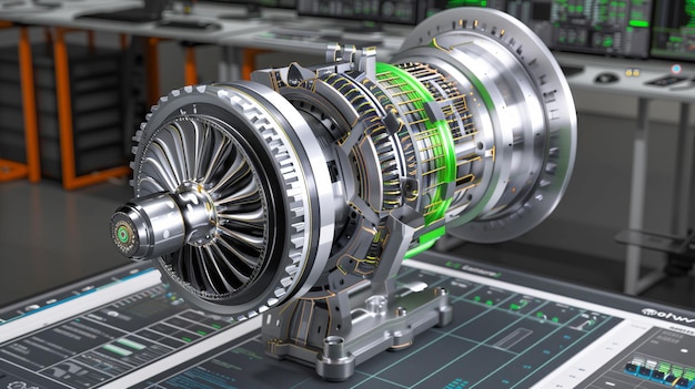 Photo a hightech cutaway model of an aircraft jet engine displayed on a digital interface in an advanced engineering environment