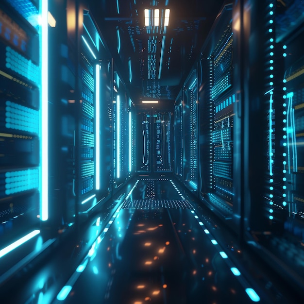 Hightech data center with futuristic servers and blue lights generative ai