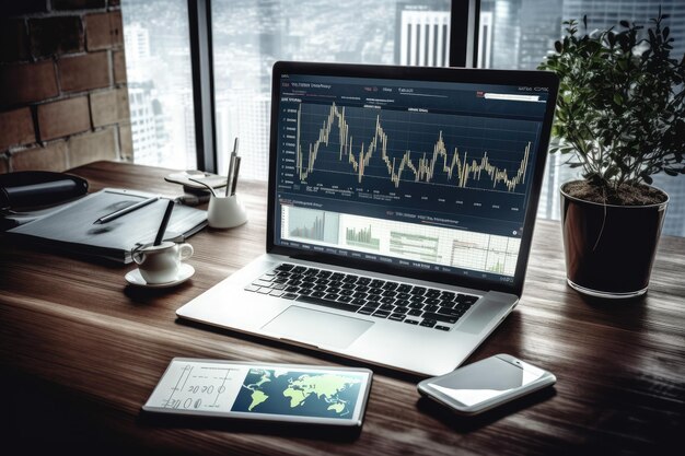 Hightech desk surrounded by screens and gadgets with the city skyline visible in the background Generative AI