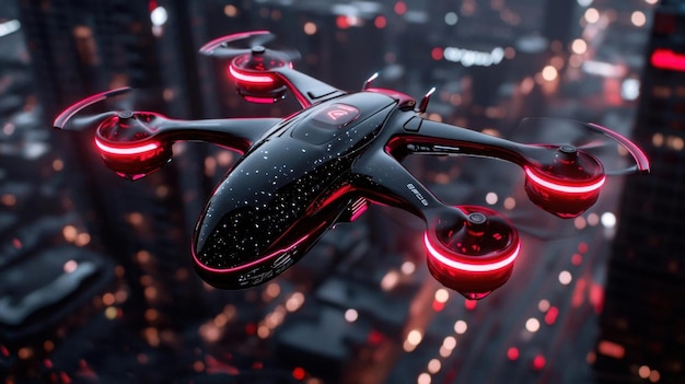 Photo a hightech drone flying over a futuristic city with neon lights below