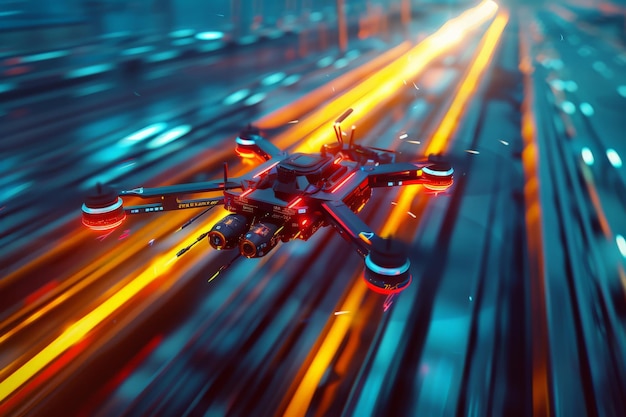 Photo hightech drone racing through a futuristic city with neon lights showcasing cuttingedge technology and intense speed in a digital landscape