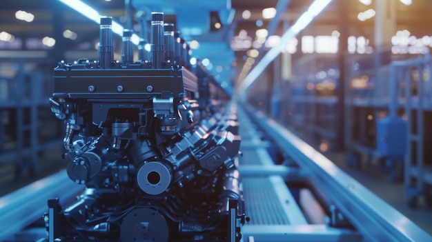 Photo a hightech engine being assembled in a modern welllit factory showcasing precision engineering and advanced manufacturing