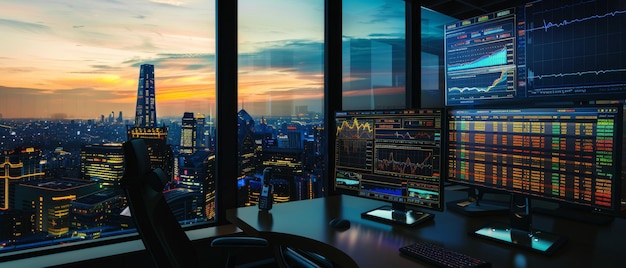 Photo a hightech financial trading desk with multiple screens displaying market data against the backdrop of a cityscape at sunset