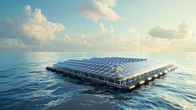 Photo a hightech floating solar power station on a tranquil ocean harnessing sunlight with stateoftheart panels promoting futuristic renewable energy solutions