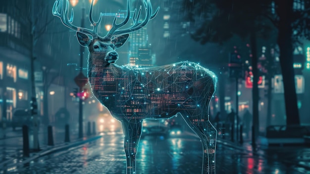 Photo hightech futuristic future robot deer with cyberpunk city background