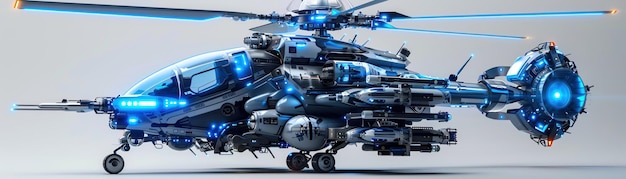 Photo hightech futuristic helicopter with blue lights on a white background