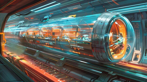 HighTech Futuristic Train Travel through Vacuum Tubes with CrossSection View