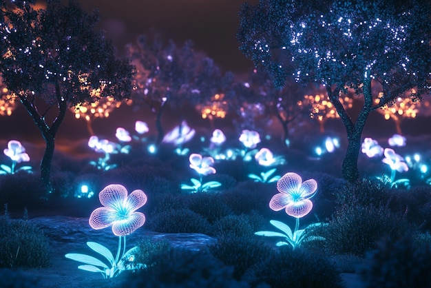 Photo hightech garden with glowing digital flowers and trees