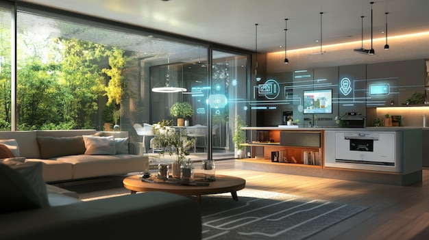 Photo a hightech home of the future with smart appliances and integrated ai the living space features voiceactivated controls automated systems for energy efficiency and advanced security features