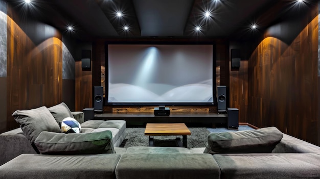 Photo hightech home theater with a large screen and surround sound speakers