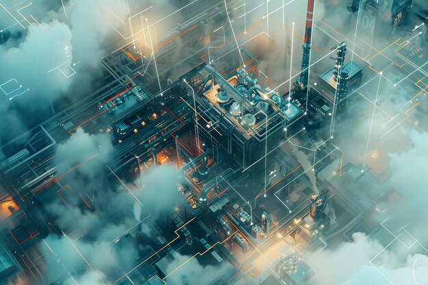 Photo hightech industrial plant with integrated network systems and smoke stacks generative ai