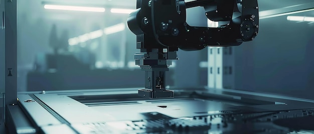 A hightech industrial robotic arm meticulously assembling components in a modern dimly lit manufacturing facility