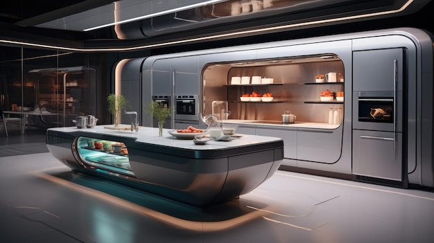 Photo a hightech kitchen with stateoftheart appliances and interactive cooking surfaces