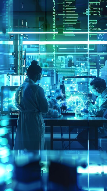 Photo a hightech laboratory with scientists working on holographic displays scifi blue and green sharp focus innovation hub