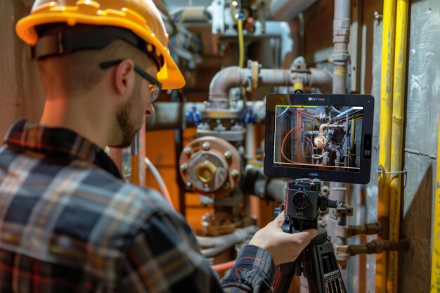 HighTech Plumbing Inspection with Robotic Camera and Monitor Display for Pipe Maintenance