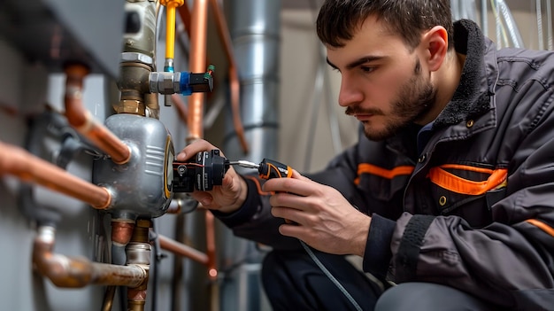 HighTech Plumbing A Plumber Utilizing a Diagnostic Tool on a Modern Pipe System with a Futuristic