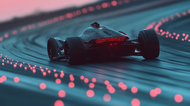 Photo hightech racing car on neon track at dusk