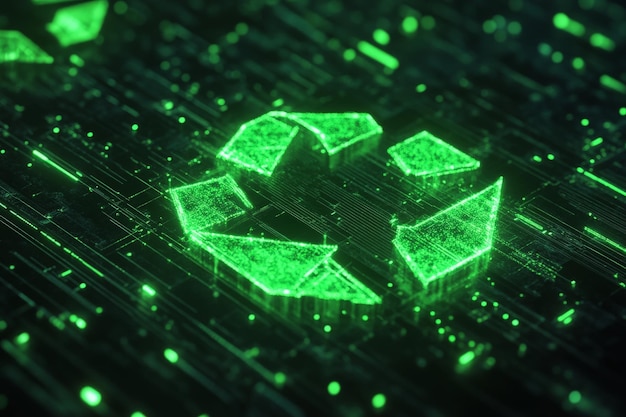 A hightech recyclingthemed background with a glowing digital symbol in neon green set against a