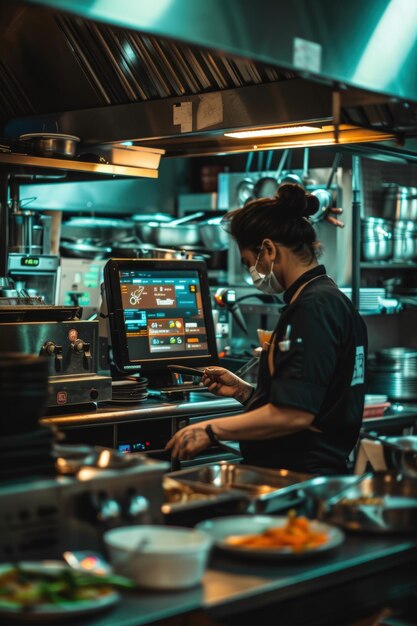 Photo hightech restaurant kitchen dashboard showing realtime energy consumption and savings