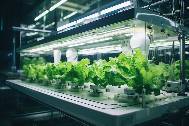 A hightech robotic arm engaged in precision farming within an indoor hydroponic lettuce farm