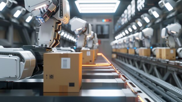 Photo hightech robotic arms sorting packages in a modern storage facility