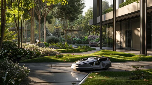 HighTech Robotic Lawnmower Navigating Complex MultiLevel Garden for Advanced Lawn Care