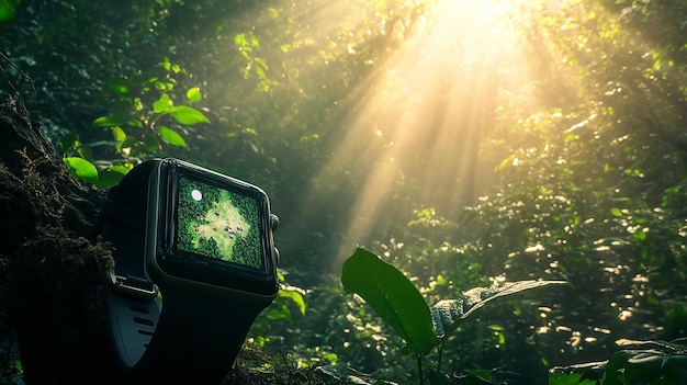 Photo a hightech smartwatch displaying a holographic map in a dense forest with sunlight filtering throu