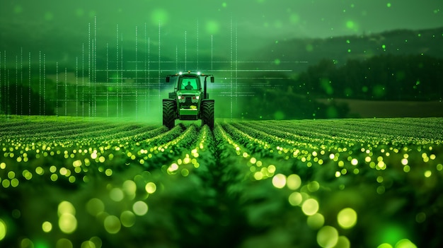 A hightech tractor operates in a green field under a digital overlay symbolizing the integration of