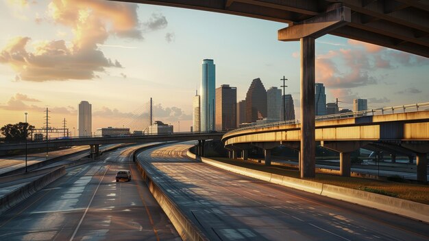 Photo highway bridge with city skyline backdrop