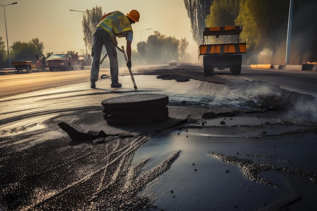 Highway crew fixing potholes and cracks in the road surface using hot asphalt