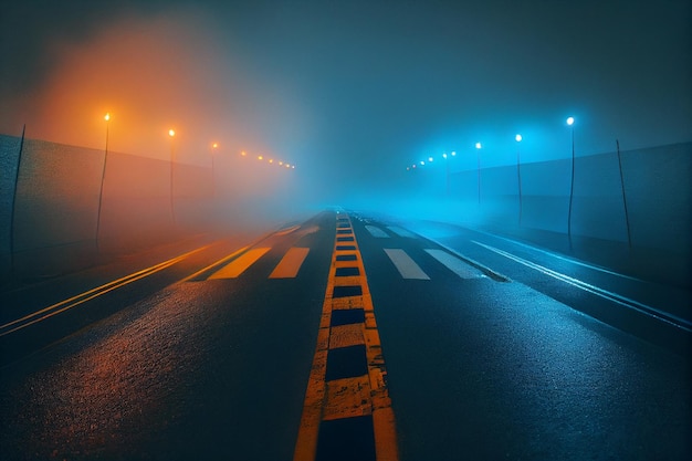 Highway in fog at night Foggy road in the morninggenerative ai